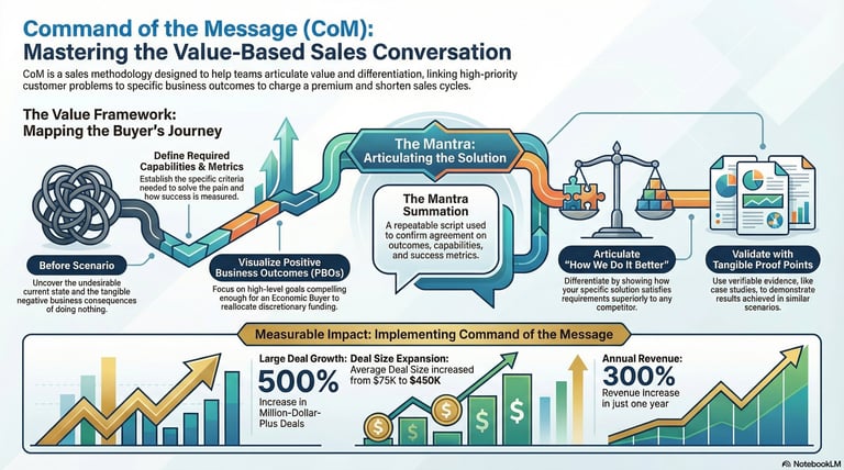 Infographic showing Command of the Message sales framework with value journey map, buyer process, and growth metrics showing 500% expansion and 300% revenue increase